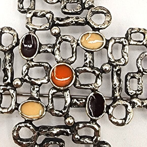 FLORENZA SIGNED COSTUME SILVER TONE MCM ENAMEL ABSTRACT ART BROOCH Vintage 1960s - Picture 2 of 6